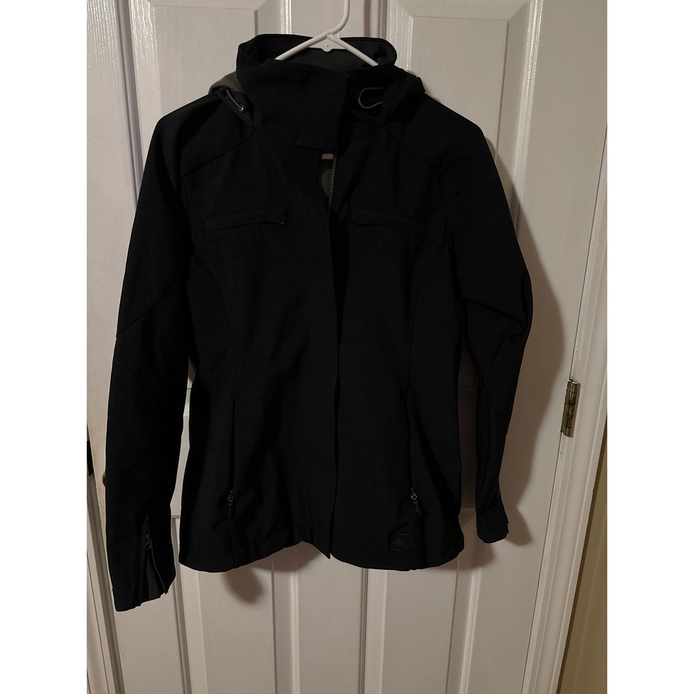 REI Womens XS Black Softshell Hooded Jacket Tonal Pattern Full Zip Fleece Lined